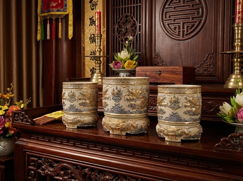 bộ ba bát hương men hoàng thổ tinh xảo