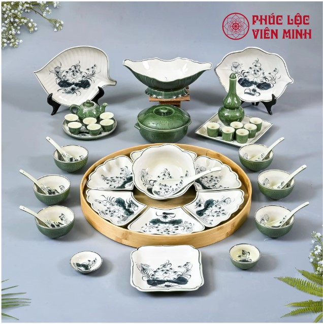 Bộ Bát Đĩa Gốm Sứ Bát Tràng Họa Tiết Hoa Sen