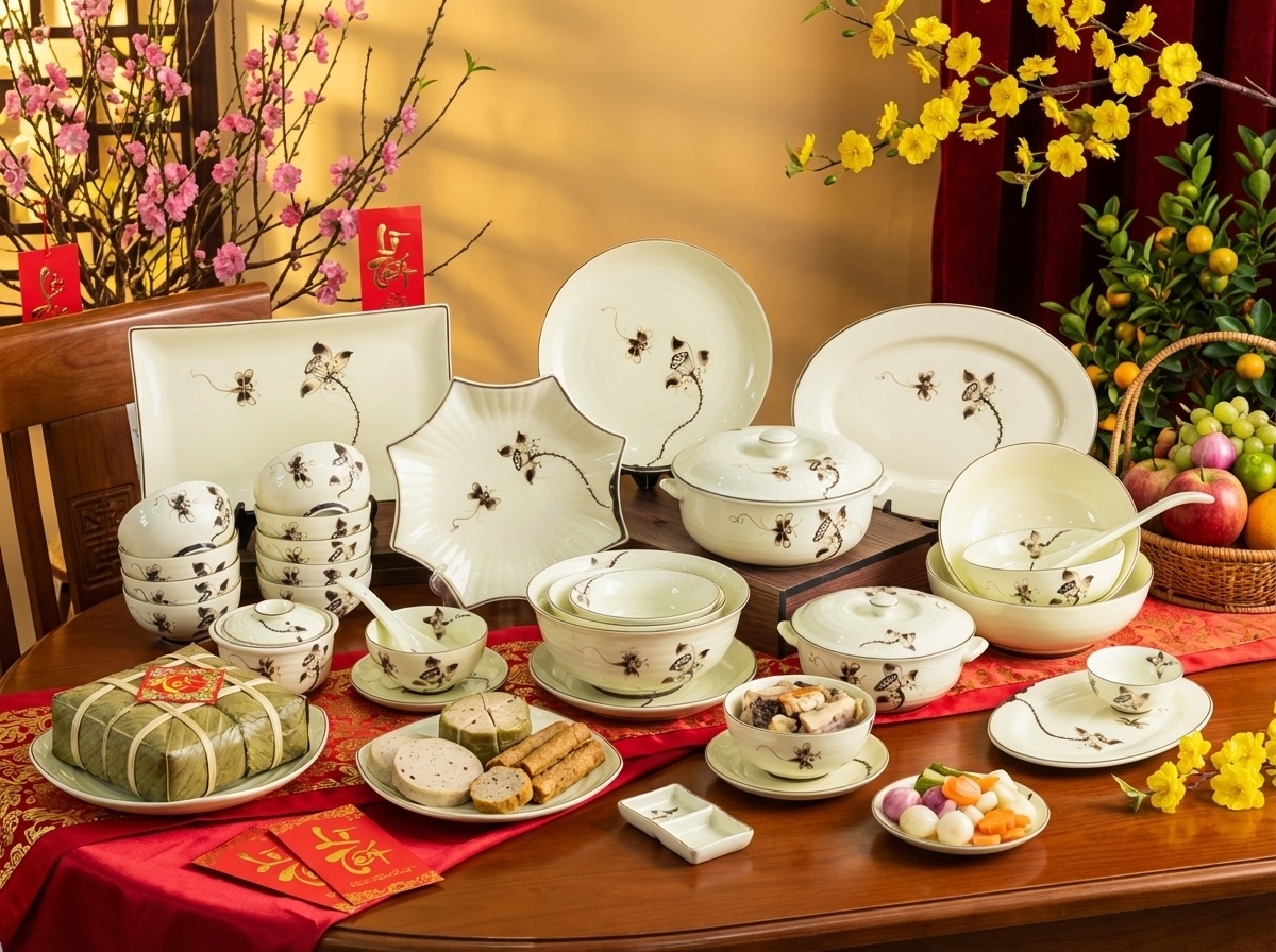 Bộ bát đĩa gốm sứ Bát Tràng quà tặng gia đình