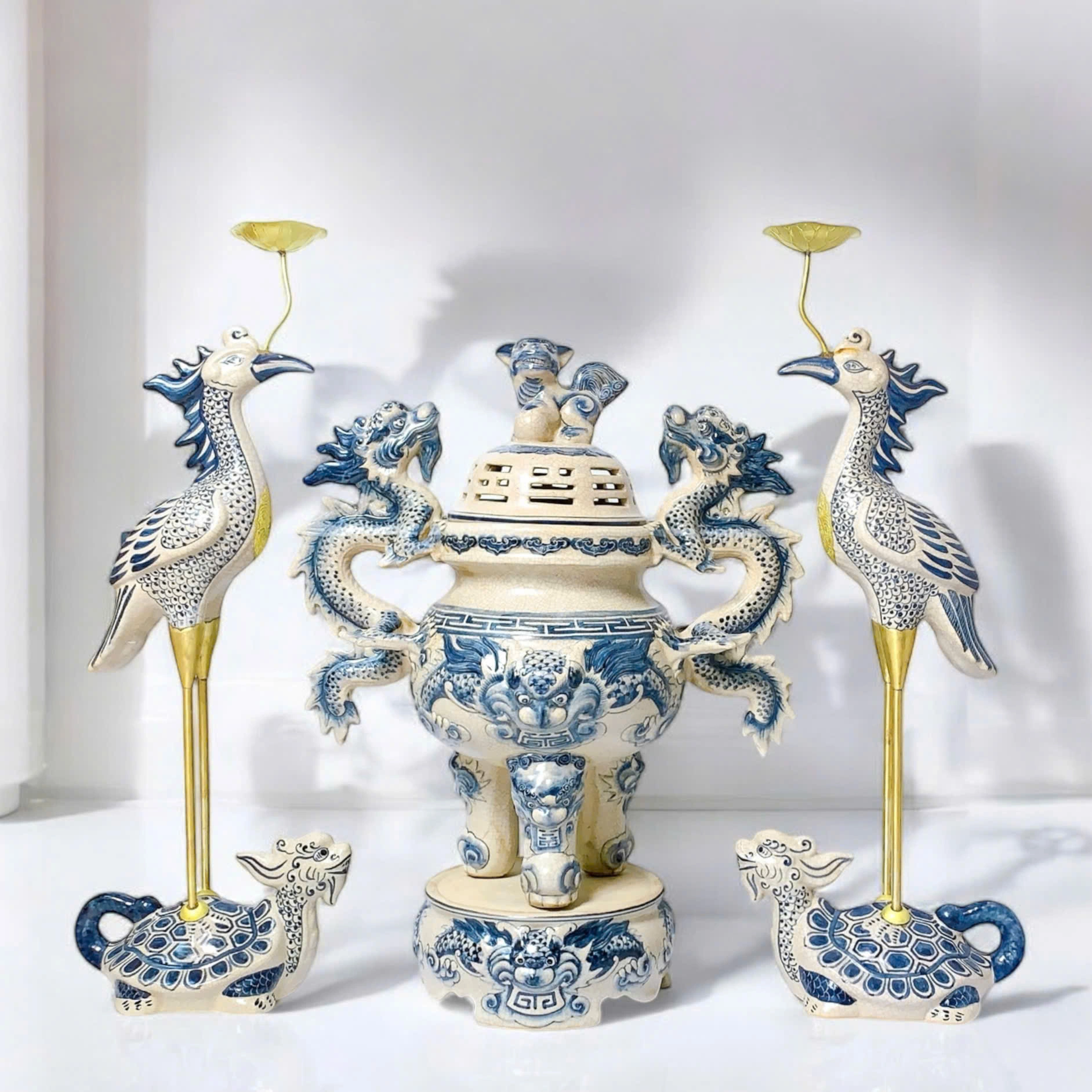 Bộ Đỉnh Hạc Gốm Sứ - Gốm Sứ Phúc Lộc Viên Minh