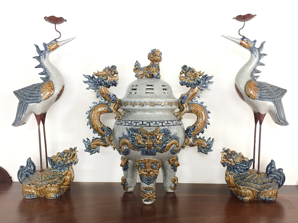 Bộ Đỉnh Hạc Lư Hương Gốm Sứ Bát Tràng - Phúc Lộc Viên Minh