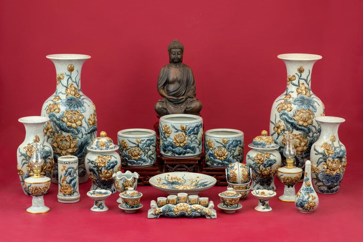 Bộ Đồ Thờ 3 Bát Hương Gốm Sứ Bát Tràng Cao Cấp
