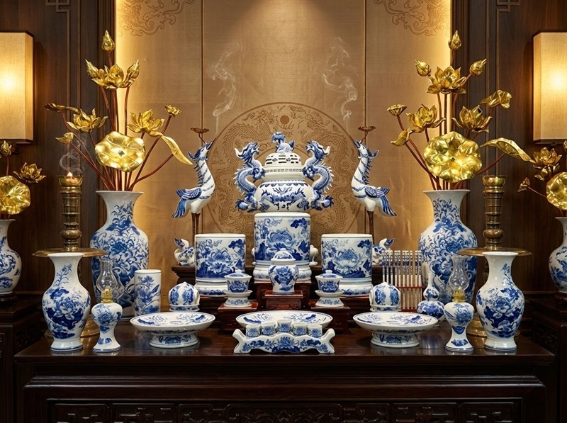 Bộ Đồ Thờ Men Lam Thanh Cao