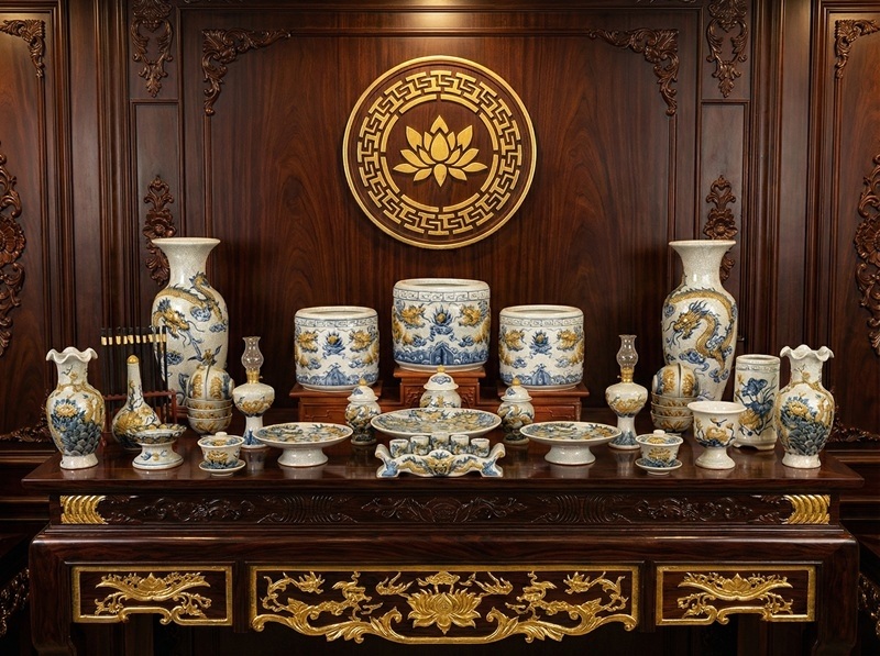 Bộ đồ thờ gốm sứ Bát Tràng đồng bộ men rạn
