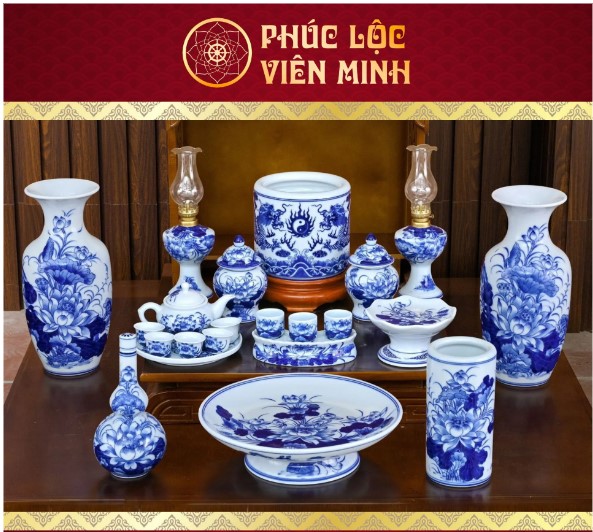 Bộ Đồ Thờ Men Lam Huế Gốm Sứ Phúc Lộc Viên Minh