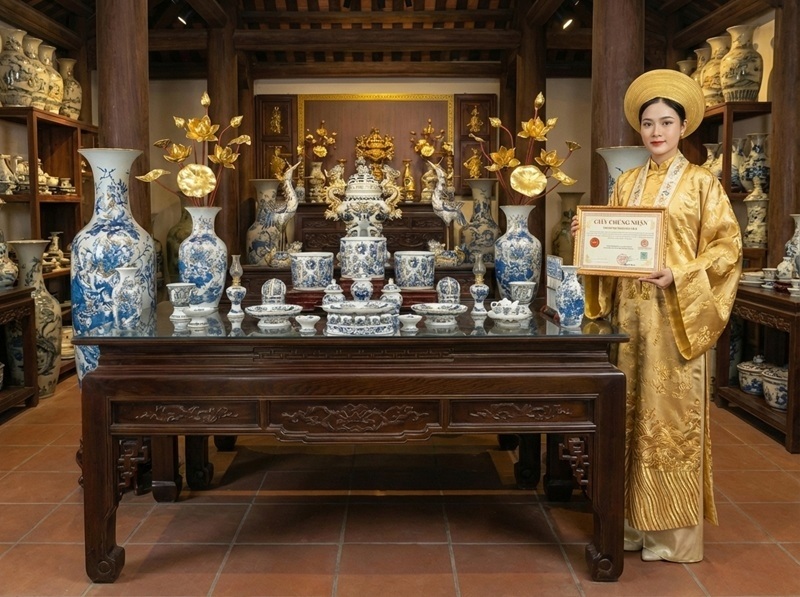 Bộ Đồ Thờ Men Lam Vẽ Vàng