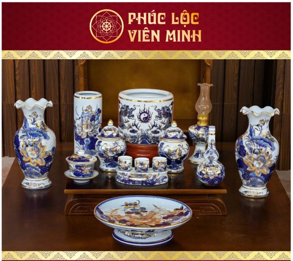 Bộ Đồ Thờ Men Lam Vẽ Vàng Gốm Sứ Bát Tràng