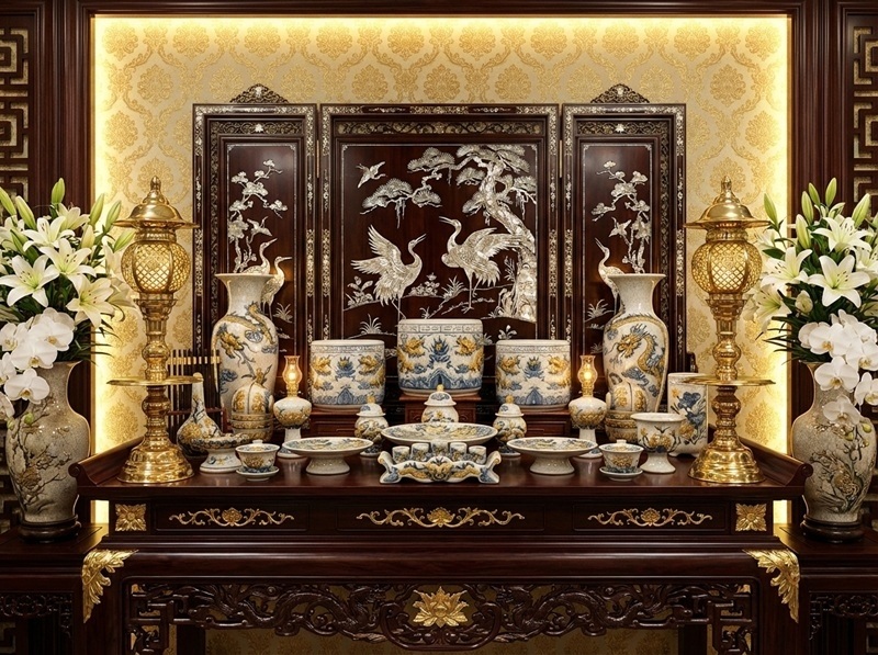 Bộ Đồ Thờ Men Rạn Đắp Nổi