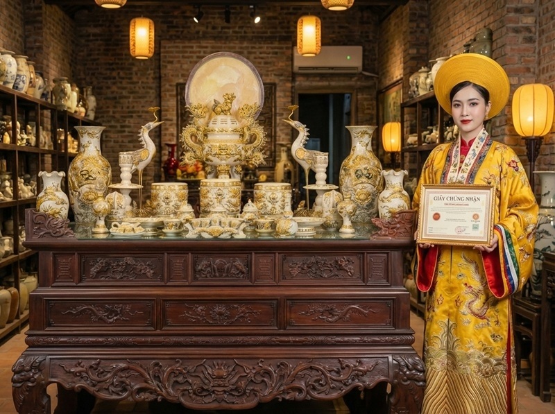 Bộ Đồ Thờ Men Rạn Vẽ Vàng
