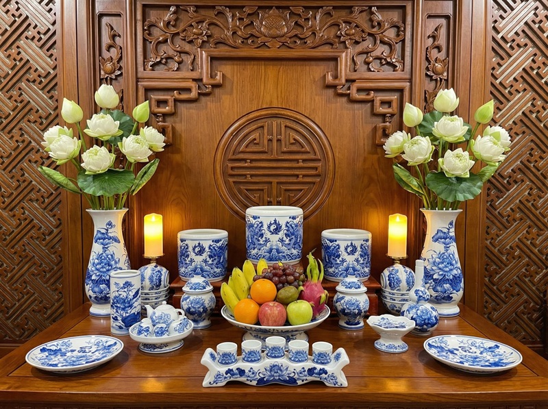 Bộ đồ thờ Men Lam đầy đủ lễ nghi 