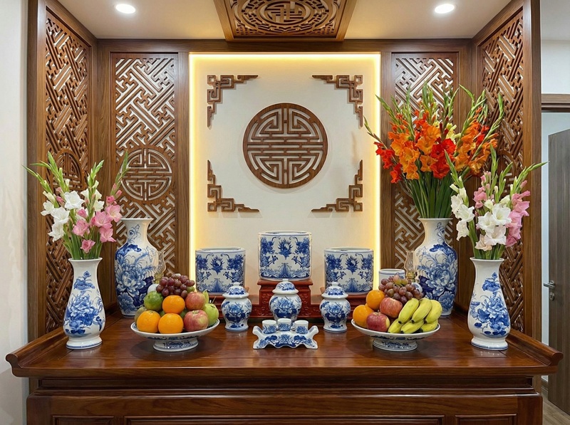 Bộ đồ thờ men lam gốm sứ Bát Tràng