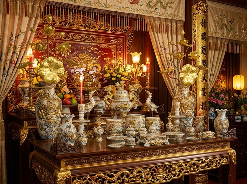 Cận cảnh bộ đồ thờ gia tiên đầy đủ các vật phẩm