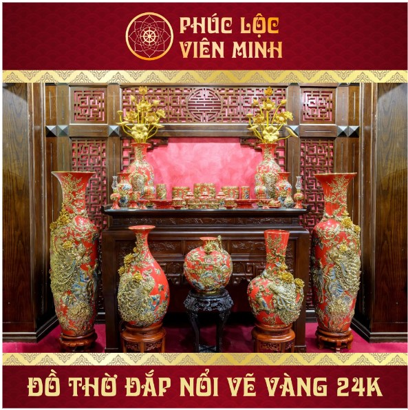 Đồ Thờ Vẽ Vàng 24k Đắp Nổi Gốm Sứ Bát Tràng Men Đỏ