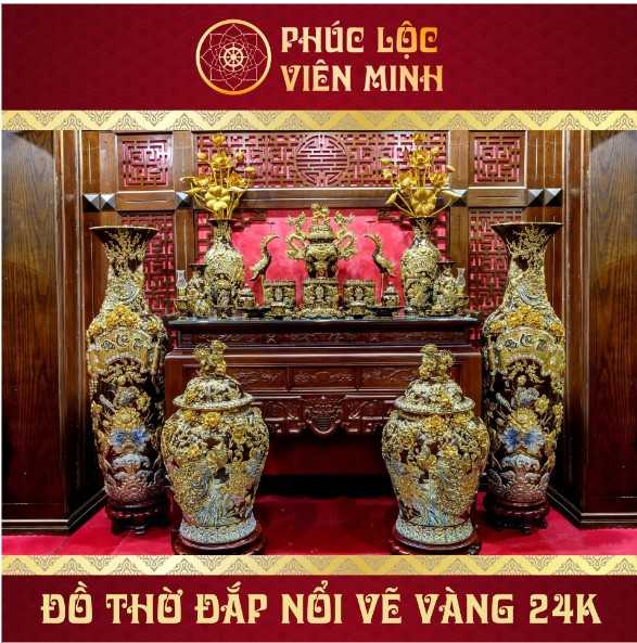 Đồ Thờ Vẽ Vàng 24k Đắp Nổi Gốm Sứ Bát Tràng