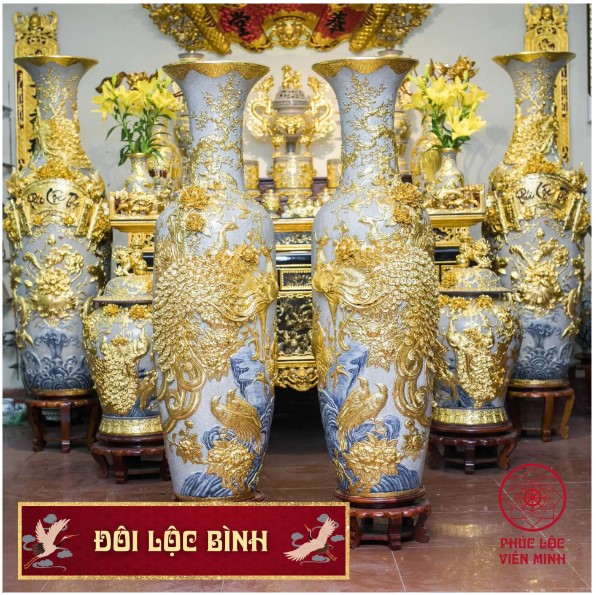 Đôi Lộc Bình Gốm Sứ Bát Tràng Dát Vàng 