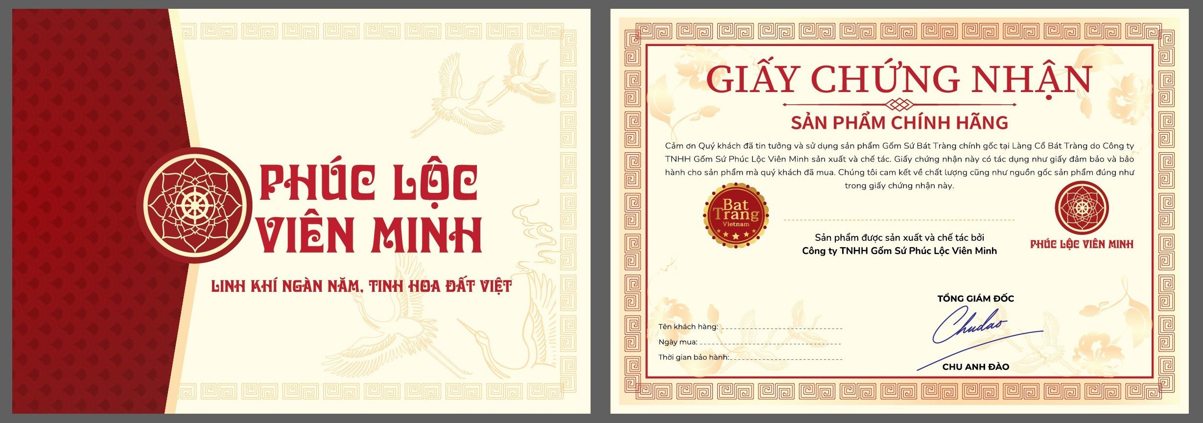 Giấy Chứng Nhận Sản Phẩm Chính Hãng - Gốm Sứ Phúc Lộc Viên Minh