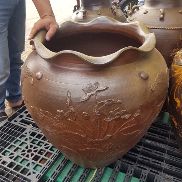 Lu Gốm Trồng Cây Hoạ Tiết Sen - Gốm Sứ Bát Tràng - Phúc Lộc Viên Minh