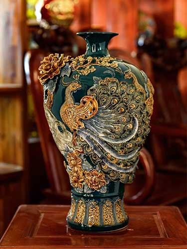 Mai Bình Tích Lộc Công Đào Đắp Nổi - Gốm Sứ Bát Tràng - Phúc Lộc Viên Minh