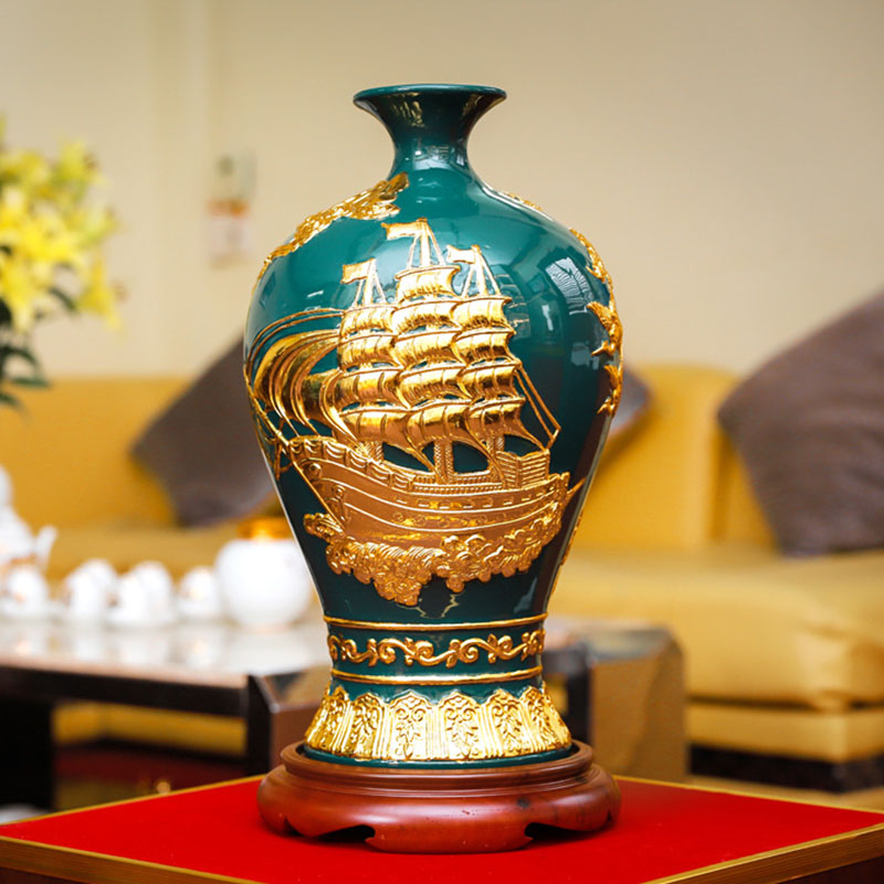 Mai Bình Tích Lộc Thuận Buồm Xuôi Gió Xanh Lục Bảo - Gốm Bát Tràng - Phúc Lộc Viên Minh