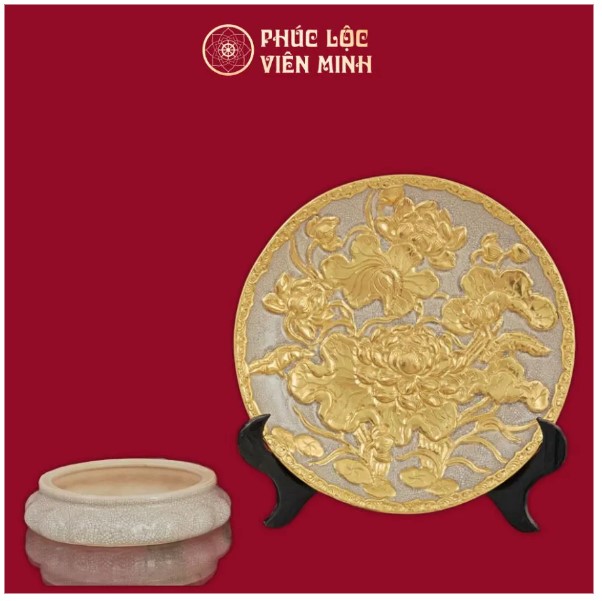 Mâm Bồng Hoa Sen Men Rạn Đắp Nổi Dát Vàng Gốm Sứ Cao Cấp