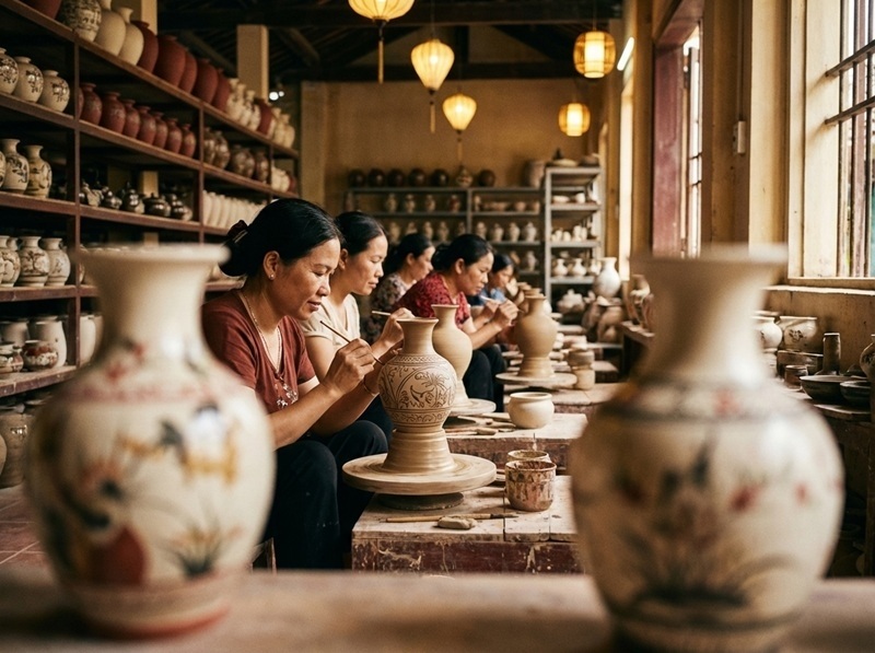 Nghệ nhân tỉ mỉ vẽ họa tiết trên cốt gốm thô tại xưởng gốm Bát Tràng