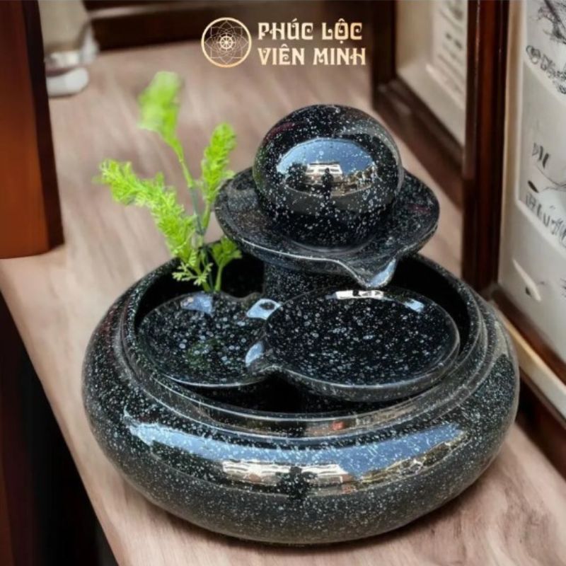 Thác Nước Phong Thủy Quả Địa Cầu Xanh Kim Sa Gốm Sứ Bát Tràng