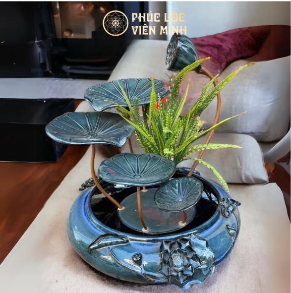 Thác Nước Phong Thủy Sen Đắp Xanh Đại Gốm Sứ Cao Cấp