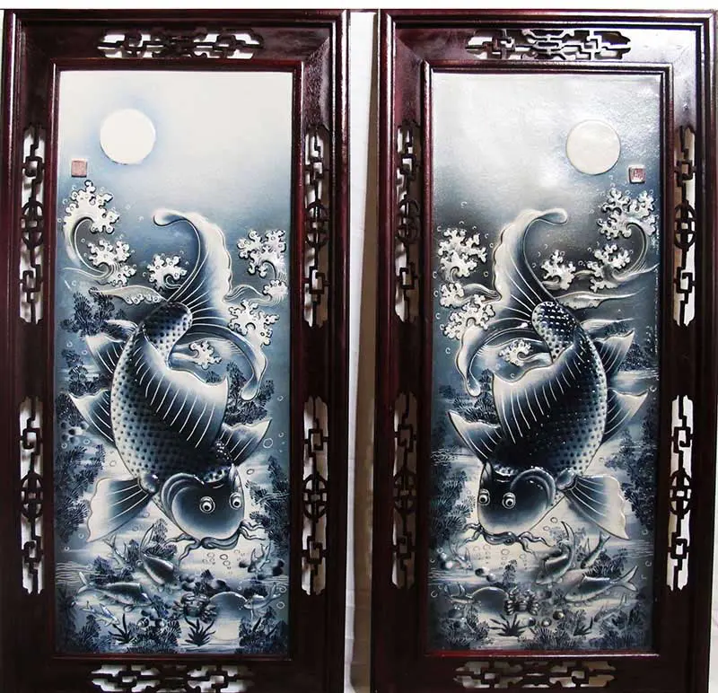 Tranh Sứ Lý Ngư Vọng Nguyệt - Gốm Sứ Bát Tràng - Phúc Lộc Viên Minh