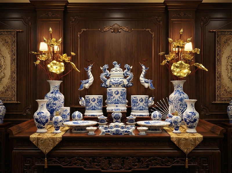 Trọn bộ đồ thờ men lam vẽ tay