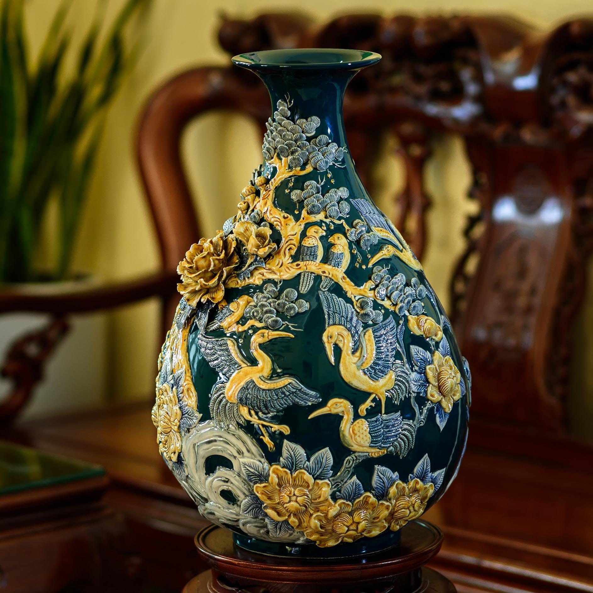 Tỳ Bà Đắp Nổi TÙNG HẠC DIÊN NIÊN - Gốm Sứ Bát Tràng - Phúc Lộc Viên Minh