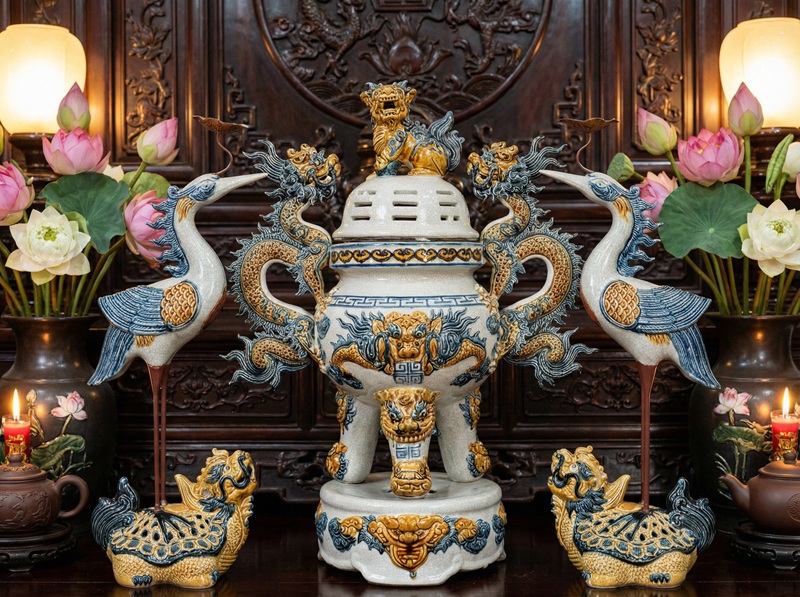  Vị trí đặt bộ tam sự: Đỉnh ở giữa, Hạc chầu hai bên