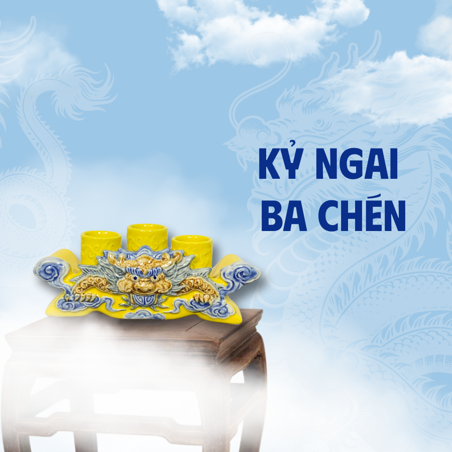 Kỷ Ngai 3 Chén Men Vàng Gốm Sứ Bát Tràng - Phúc Lộc Viên Minh - PLVM1212