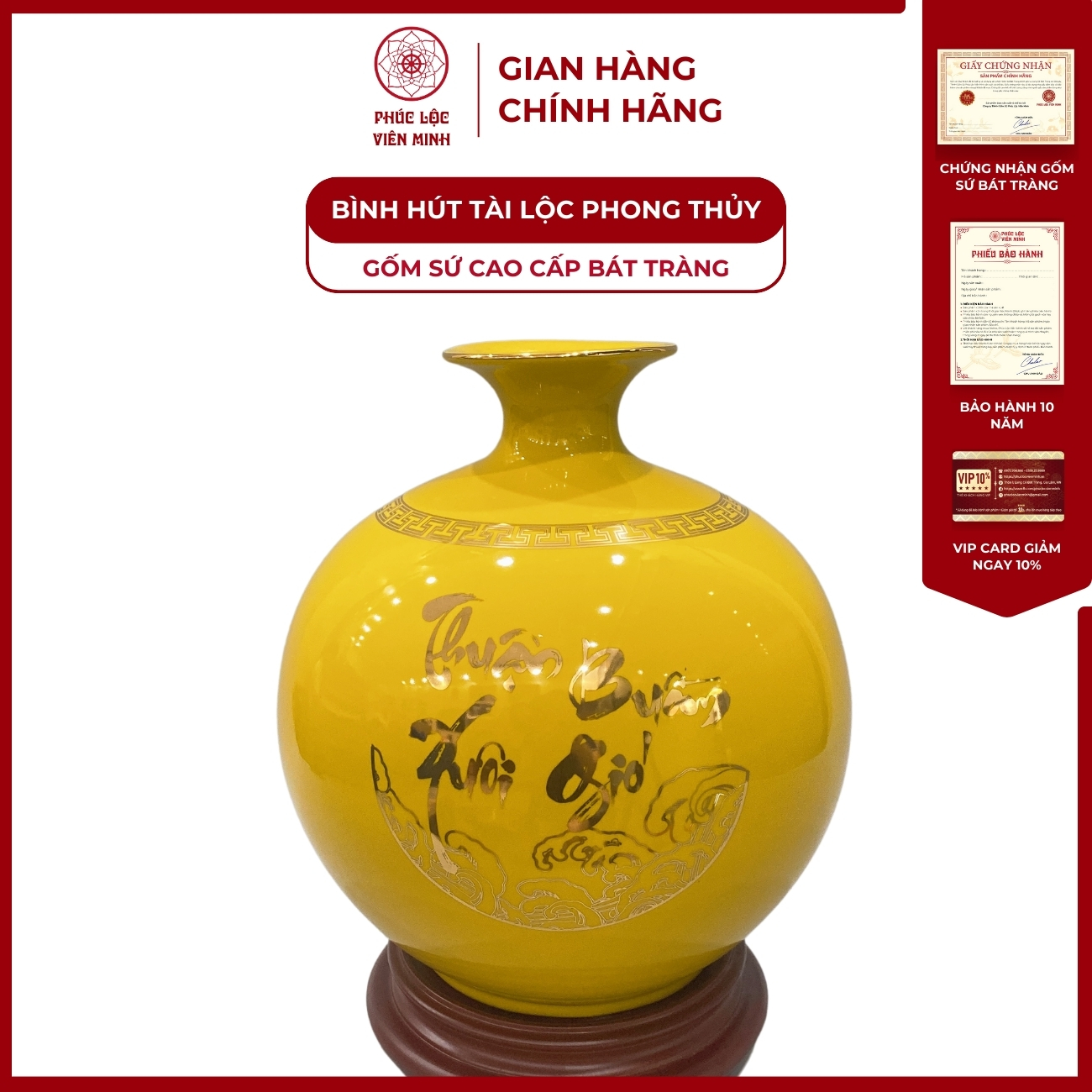 Bình Hút Lộc Thuận Buồm Xuôi Gió Dán Decal Vàng Kim Gốm Sứ Bát Tràng - Phúc Lộc Viên Minh