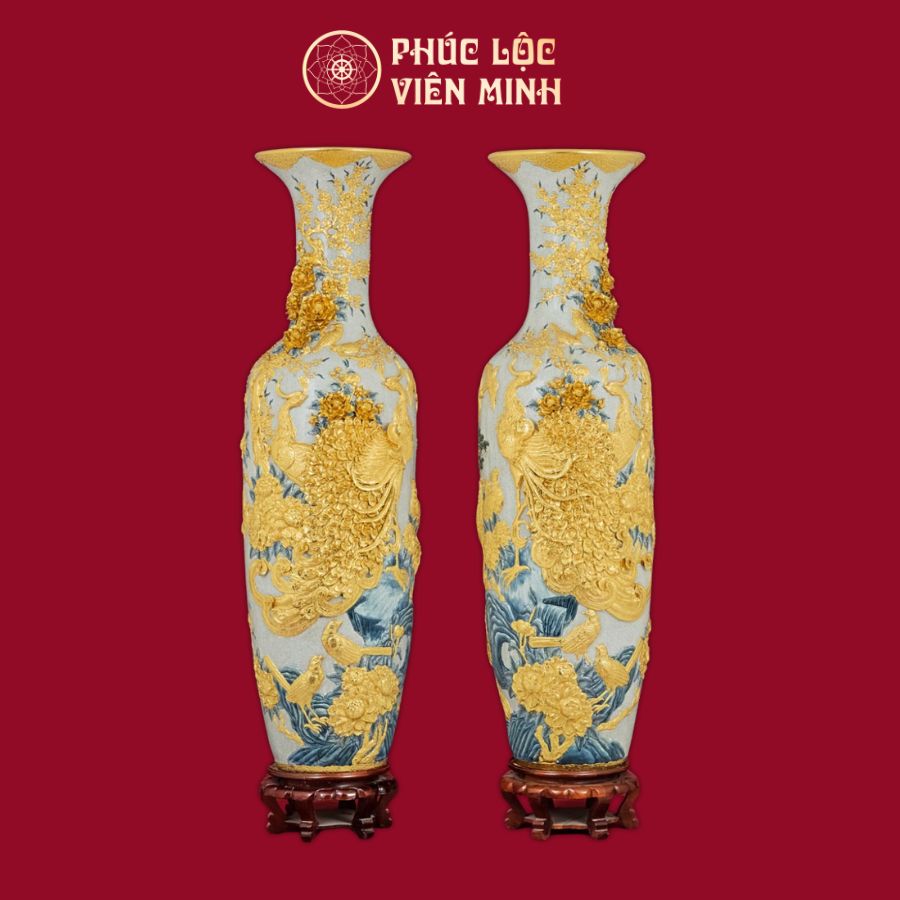 Đôi Lộc Bình Men Rạn Công Đào Dát Vàng 24K Gốm Sứ Bát Tràng - Phúc Lộc Viên Minh - PL1510
