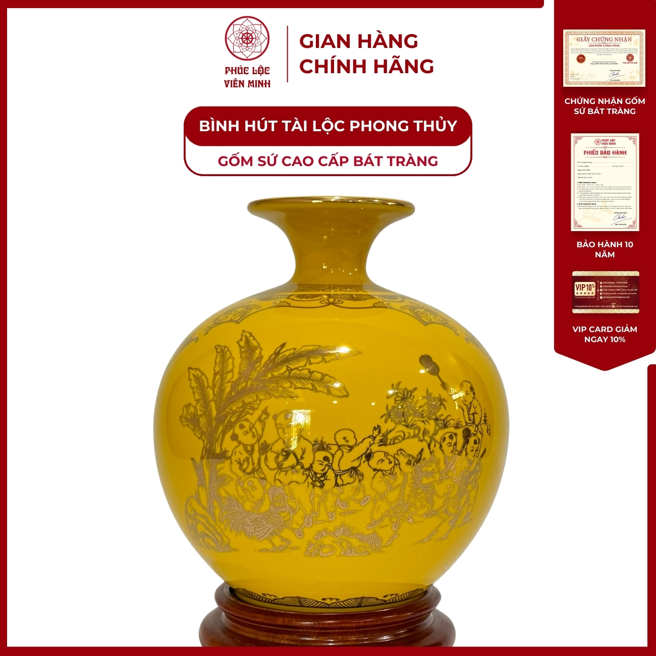 Bình Hút Lộc Nhị Cảnh Bách Nhi Đồ Dán Decal Vàng Kim Gốm Sứ Bát Tràng - Phúc Lộc Viên Minh