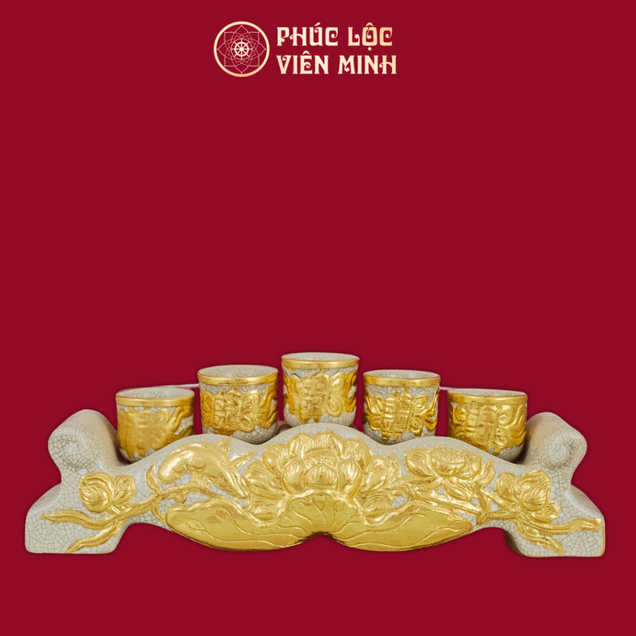Kỷ Ngai Sen 5 Chén Men Rạn Dát Vàng Gốm Sứ Bát Tràng - Phúc Lộc Viên Minh
