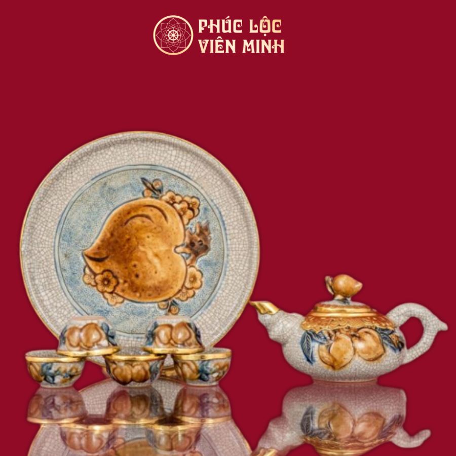 Bộ Trà Thờ Đào Đắp Nổi Men Rạn Bọc Đồng Thếp Vàng Gốm Sứ Bát Tràng - Phúc Lộc Viên Minh
