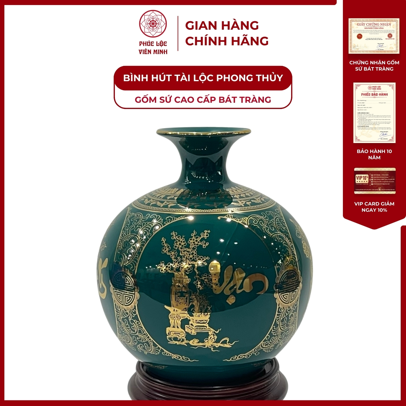 Bình Hút Lộc Tứ Cảnh Vạn Sự Như Ý Viền Cổ Trống Đồng Decal Vàng Kim Gốm Sứ Bát Tràng - Phúc Lộc Viên Minh