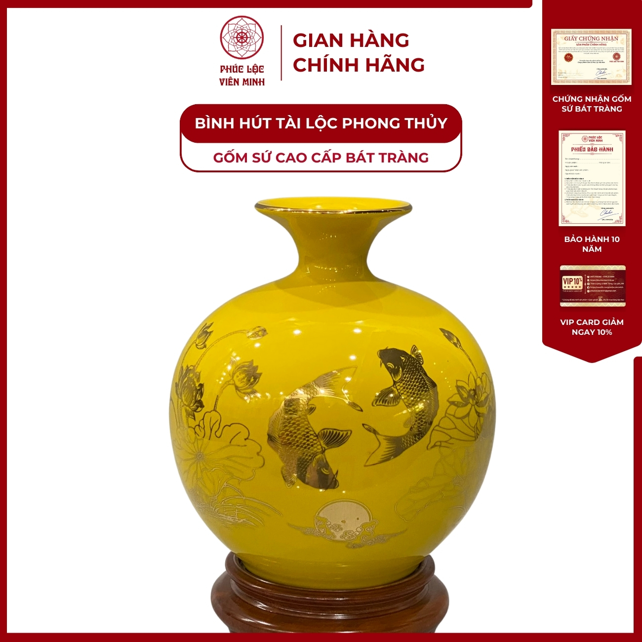 Bình Hút Lộc Vạn Sự Như Ý Dán Decal Vàng Kim Gốm Sứ Bát Tràng - Phúc Lộc Viên Minh