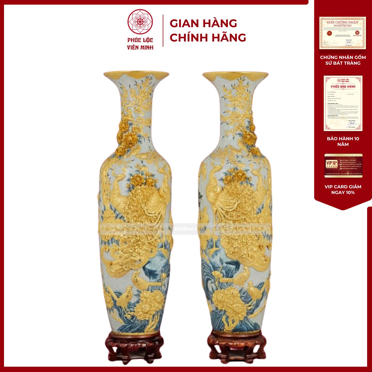 Đôi Lộc Bình Men Rạn Công Đào Dát Vàng 24K Gốm Sứ Bát Tràng - Phúc Lộc Viên Minh - PL1510