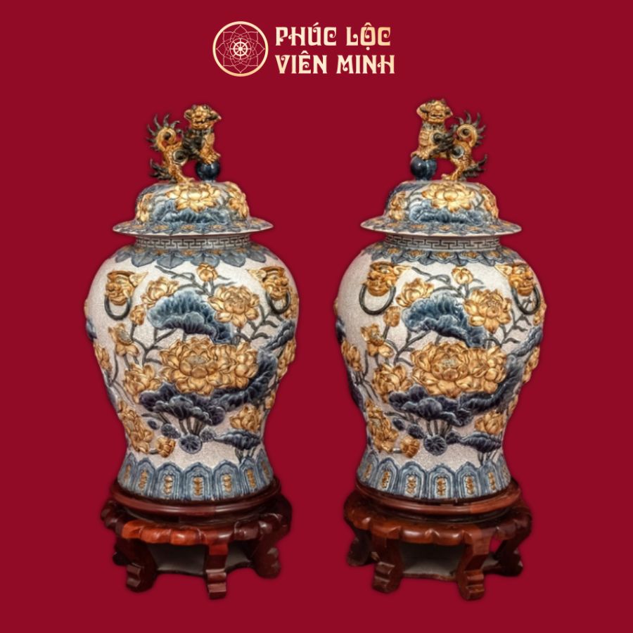 Chóe Liên Hoa Cát Tường 60L Men Rạn Đắp Nổi Gốm Sứ Bát Tràng - Phúc Lộc Viên Minh