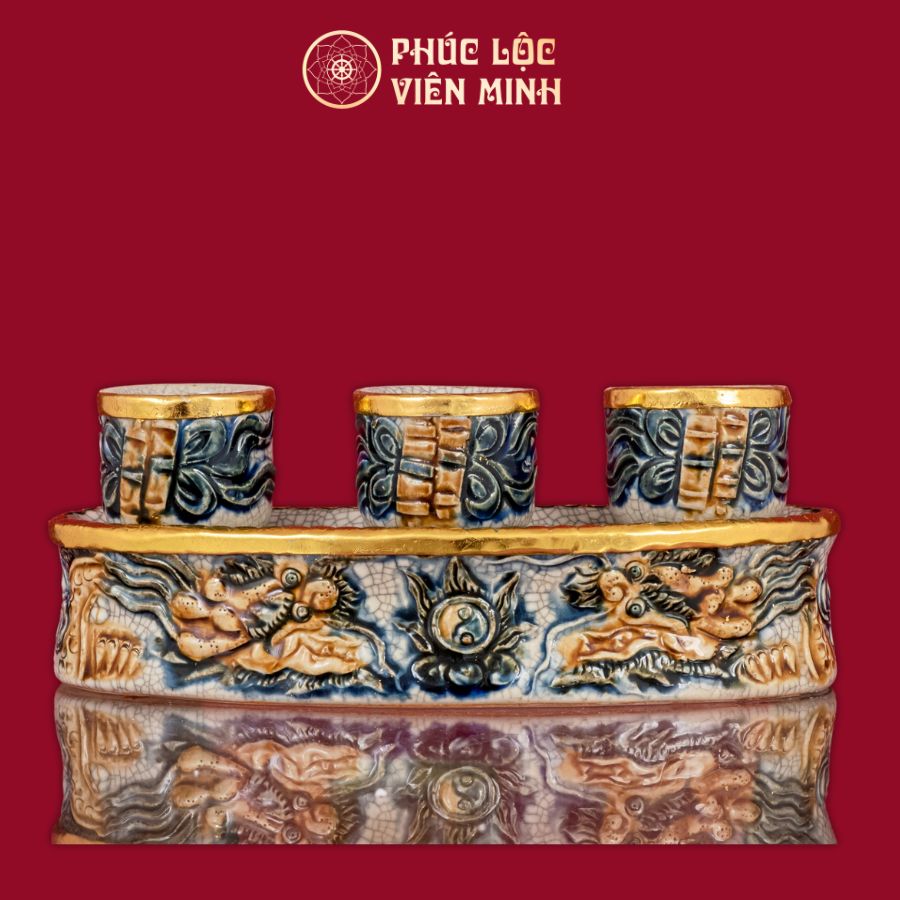Kỷ Cong Rồng Chầu Nguyệt 3 Chén Men Rạn Bọc Đồng Gốm Sứ Bát Tràng - Phúc Lộc Viên Minh