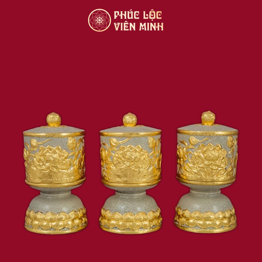 Bộ Đài Thờ Sen Men Rạn Đắp Nổi Dát Vàng Gốm Sứ Bát Tràng - Phúc Lộc Viên Minh