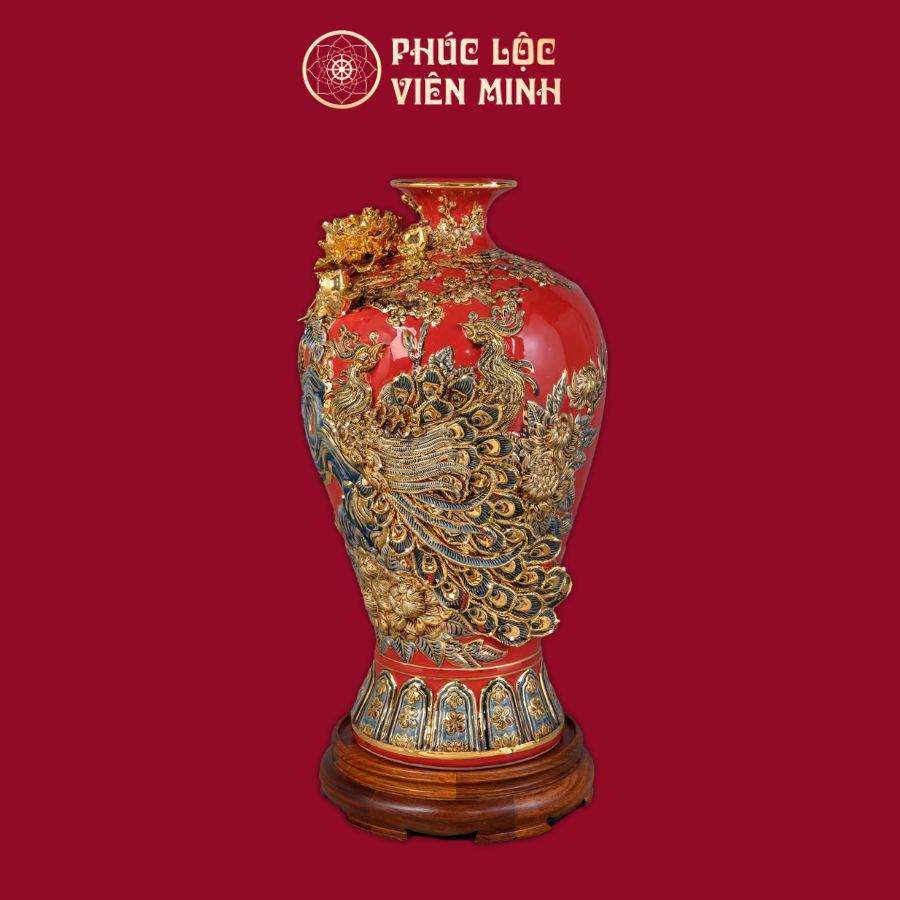 Mai Bình Công Danh Phú Quý Men Đỏ Vẽ Vàng Gốm Sứ Bát Tràng - Phúc Lộc Viên Minh
