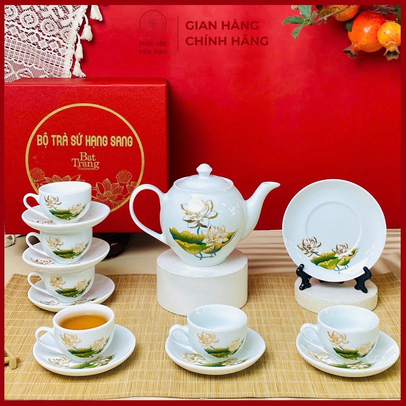 Bộ Ấm Chén In Logo Cao Cấp Gốm Sứ Bát Tràng - Phúc Lộc Viên Minh - LD001