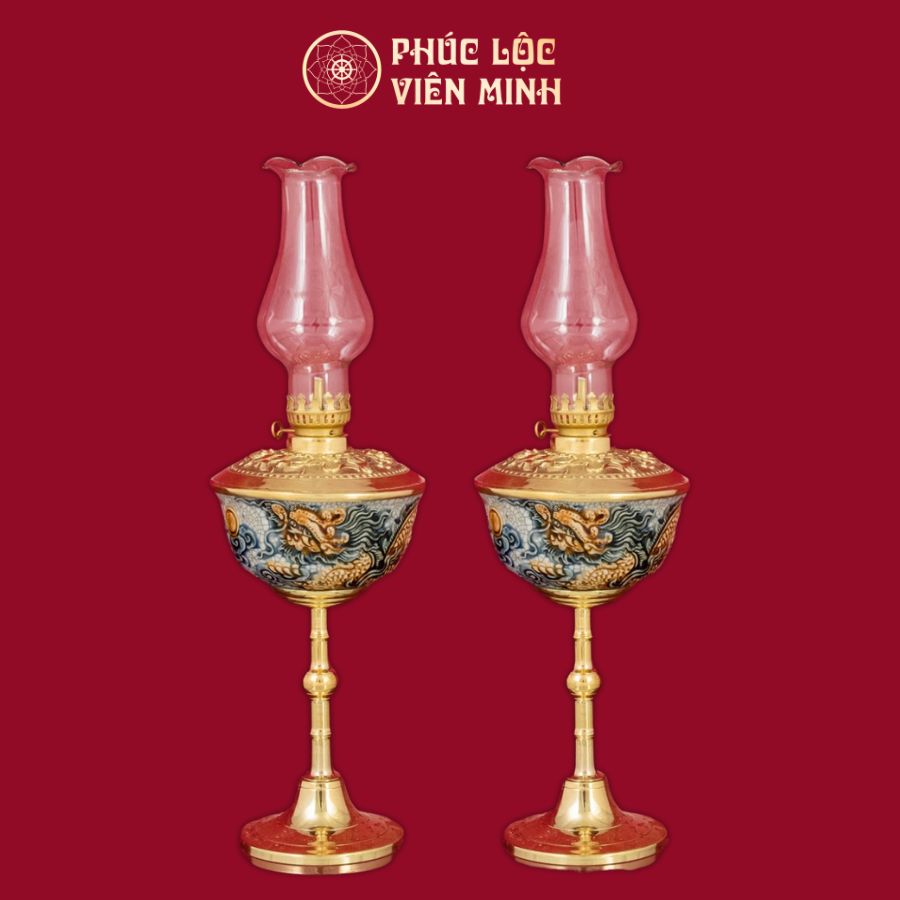 Đèn Thờ Bát Long Chầu Nguyệt Chân Đồng Thếp Vàng Men Rạn Vẽ Vàng Gốm Sứ Bát Tràng - Phúc Lộc Viên Minh