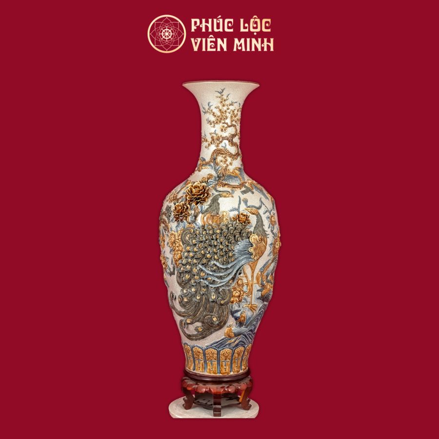 Bảo Bình Phú Quý Trường Xuân 1m3 Men Rạn Đắp Nổi Gốm Sứ Bát Tràng - Phúc Lộc Viên Minh