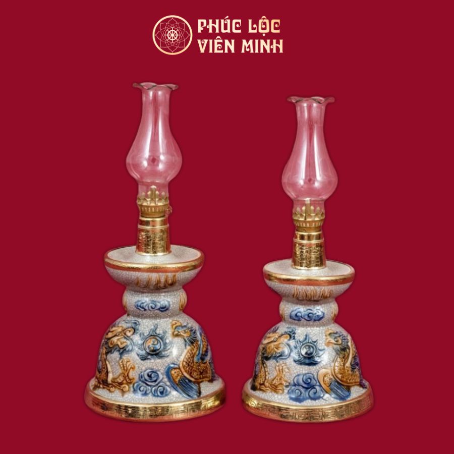Đèn Thờ Chân Nến Long Chầu Nguyệt Men Rạn Bọc Đồng Thếp Vàng Gốm Sứ Bát Tràng - Phúc Lộc Viên Minh