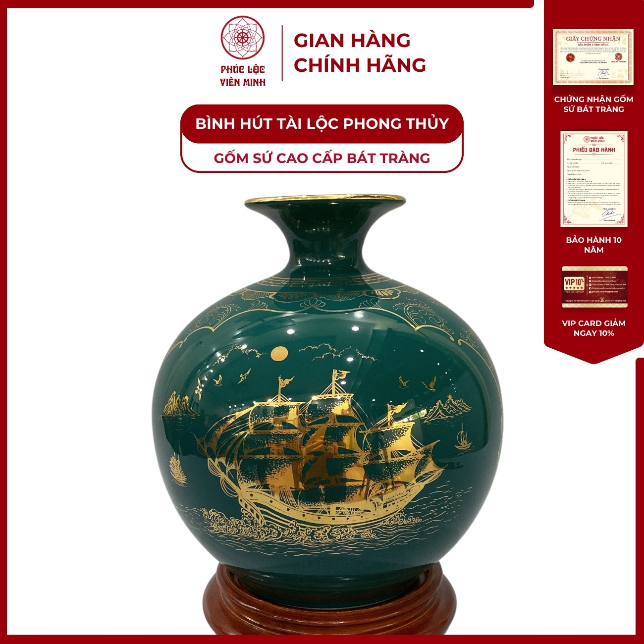 Bình Hút Lộc Nhị Cảnh Thuận Buồm Xuôi Gió Dán Decal Vàng Kim Gốm Sứ Bát Tràng - Phúc Lộc Viên Minh