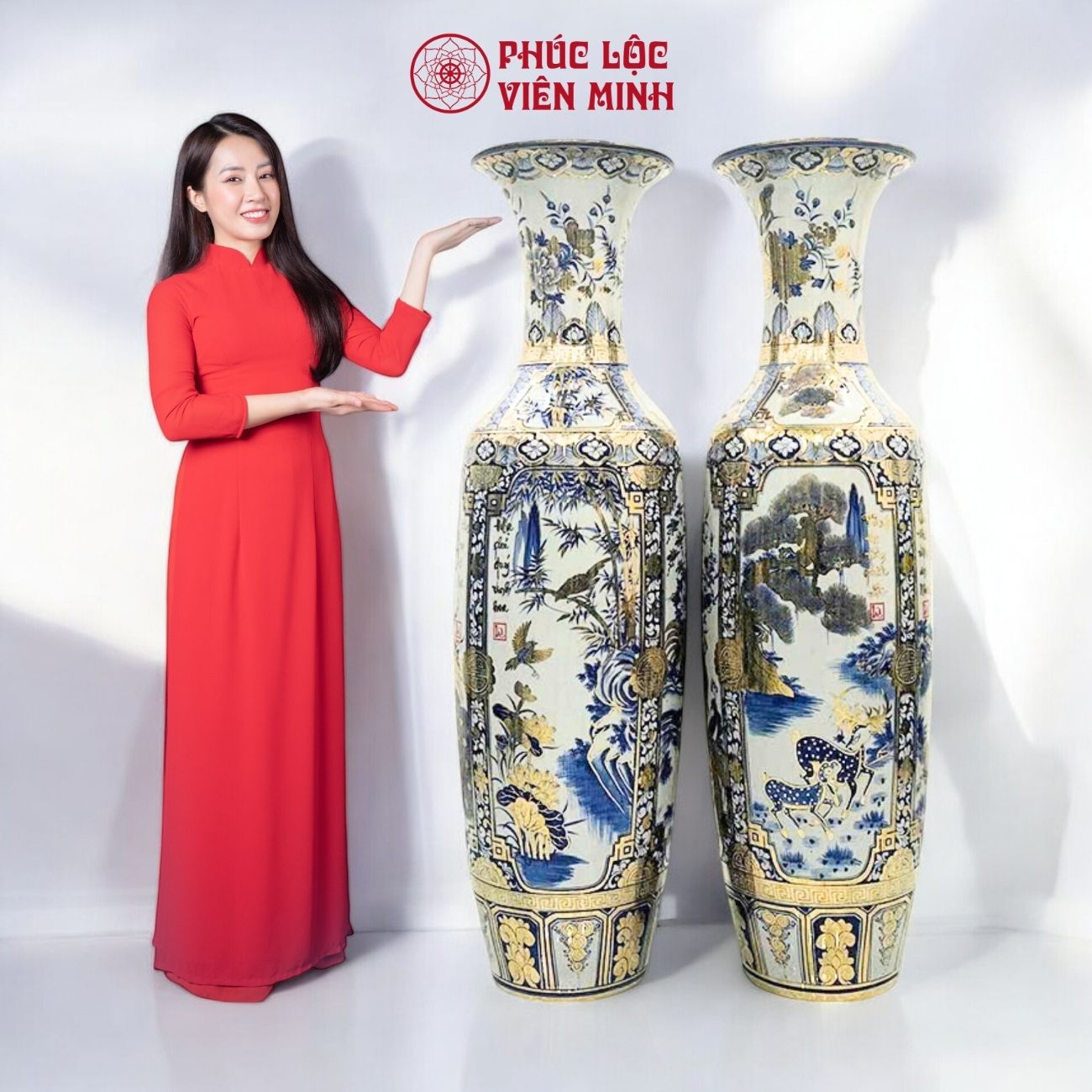 Đôi Lộc Bình Cao Tứ Cảnh Họa Tiết Vẽ Vàng Gốm Sứ Bát Tràng - Phúc Lộc Viên Minh - PL025